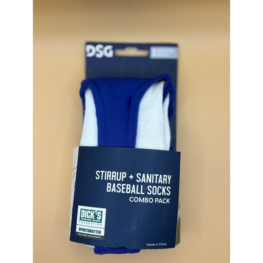 DSG 'STIRUP + SANITARY' BOYS SMALL 13K-4Y' WHITE AND ROYAL BLUE BASEBALL SOCKS‎